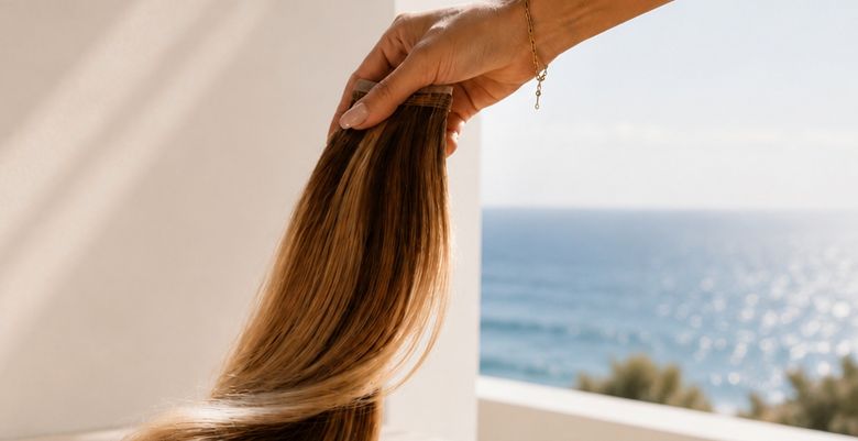 Tape-in hair extensions held up in a sunlit room overlooking the ocean